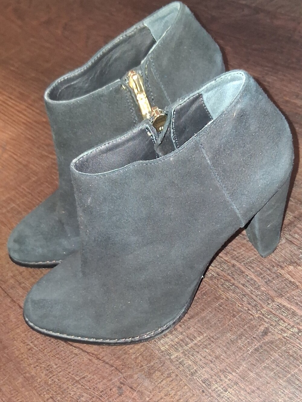 Elizabeth and James Black Suede Ankle Booties with Gold Side Zip